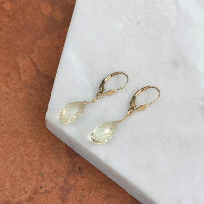 Estate 14KT Yellow Gold Briolette Pale Yellow Lemon Quartz Drop Earrings