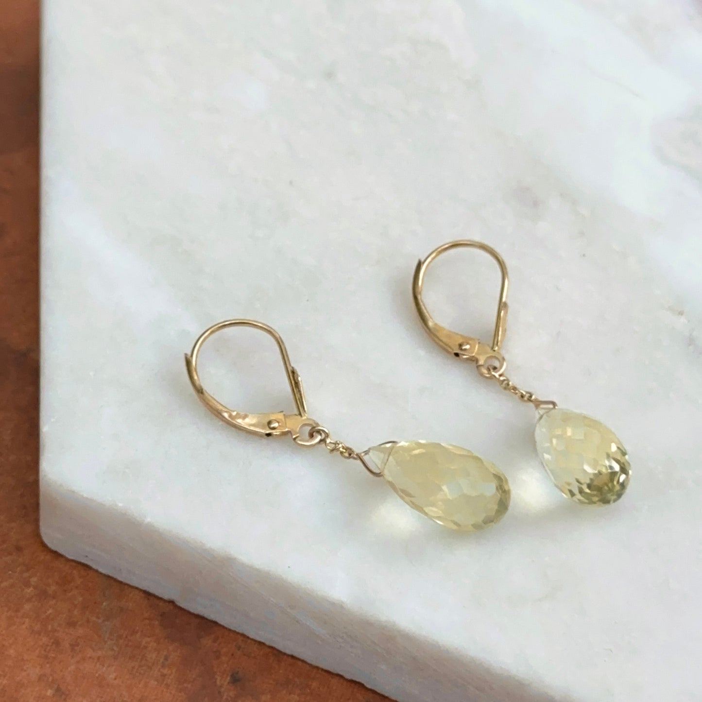 Estate 14KT Yellow Gold Briolette Pale Yellow Lemon Quartz Drop Earrings