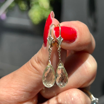 Estate 14KT Yellow Gold Briolette Pale Yellow Lemon Quartz Drop Earrings