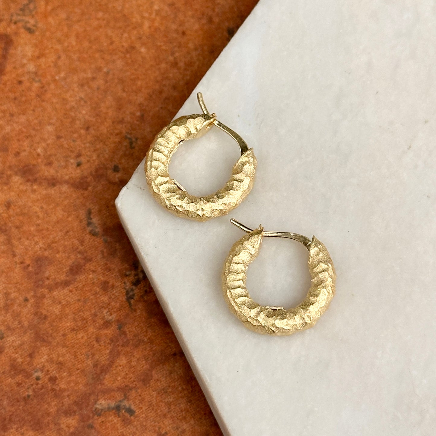18KT Yellow Gold Hammered Matte Hoop Earrings 17mm