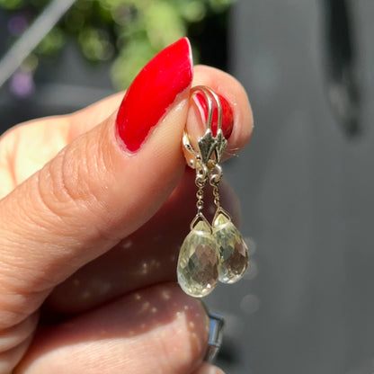 Estate 14KT Yellow Gold Briolette Pale Yellow Lemon Quartz Drop Earrings