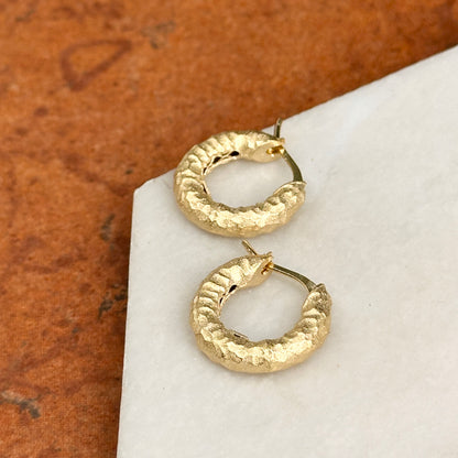 18KT Yellow Gold Hammered Matte Hoop Earrings 17mm