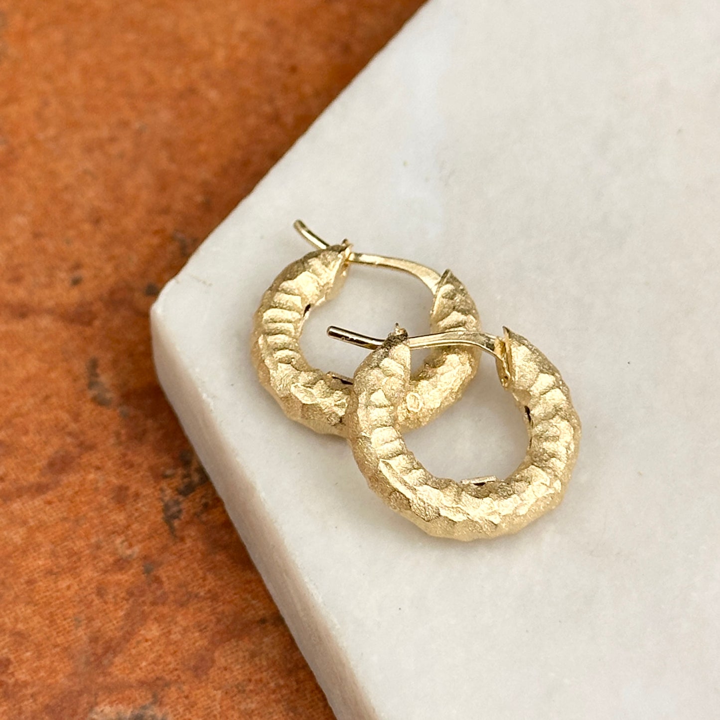 18KT Yellow Gold Hammered Matte Hoop Earrings 17mm