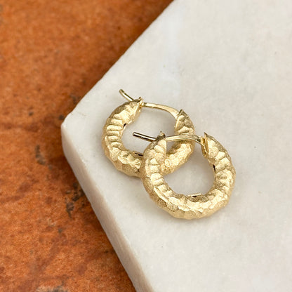 18KT Yellow Gold Hammered Matte Hoop Earrings 17mm