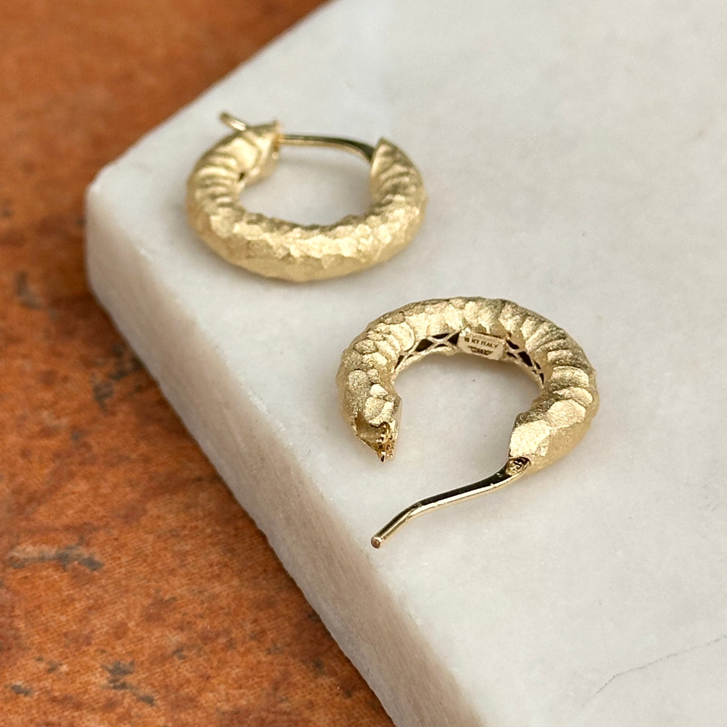 18KT Yellow Gold Hammered Matte Hoop Earrings 17mm