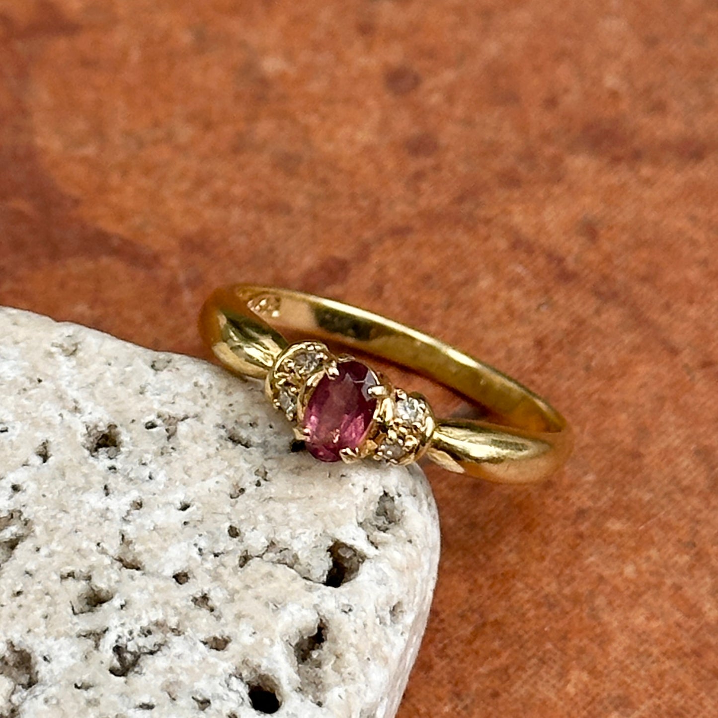 Estate 18KT Yellow Gold Oval Pink Tourmaline + Diamond Ring