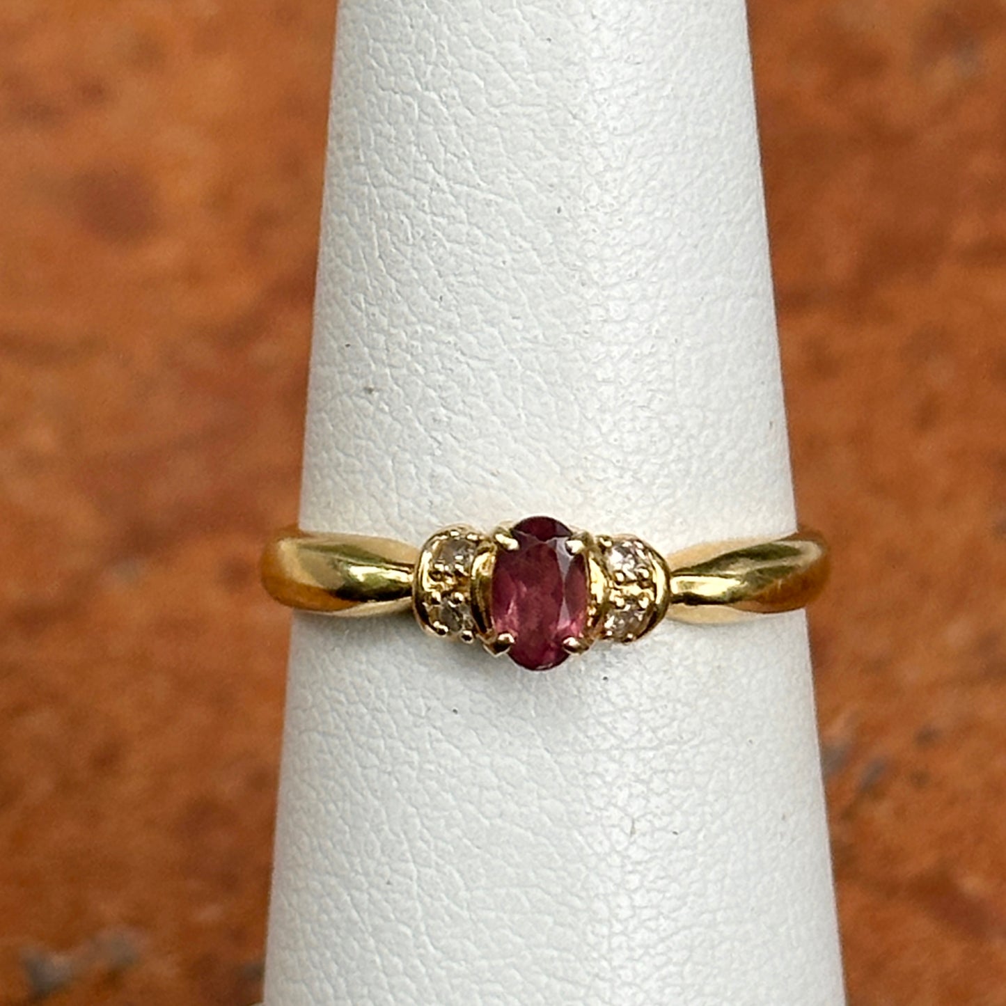 Estate 18KT Yellow Gold Oval Pink Tourmaline + Diamond Ring