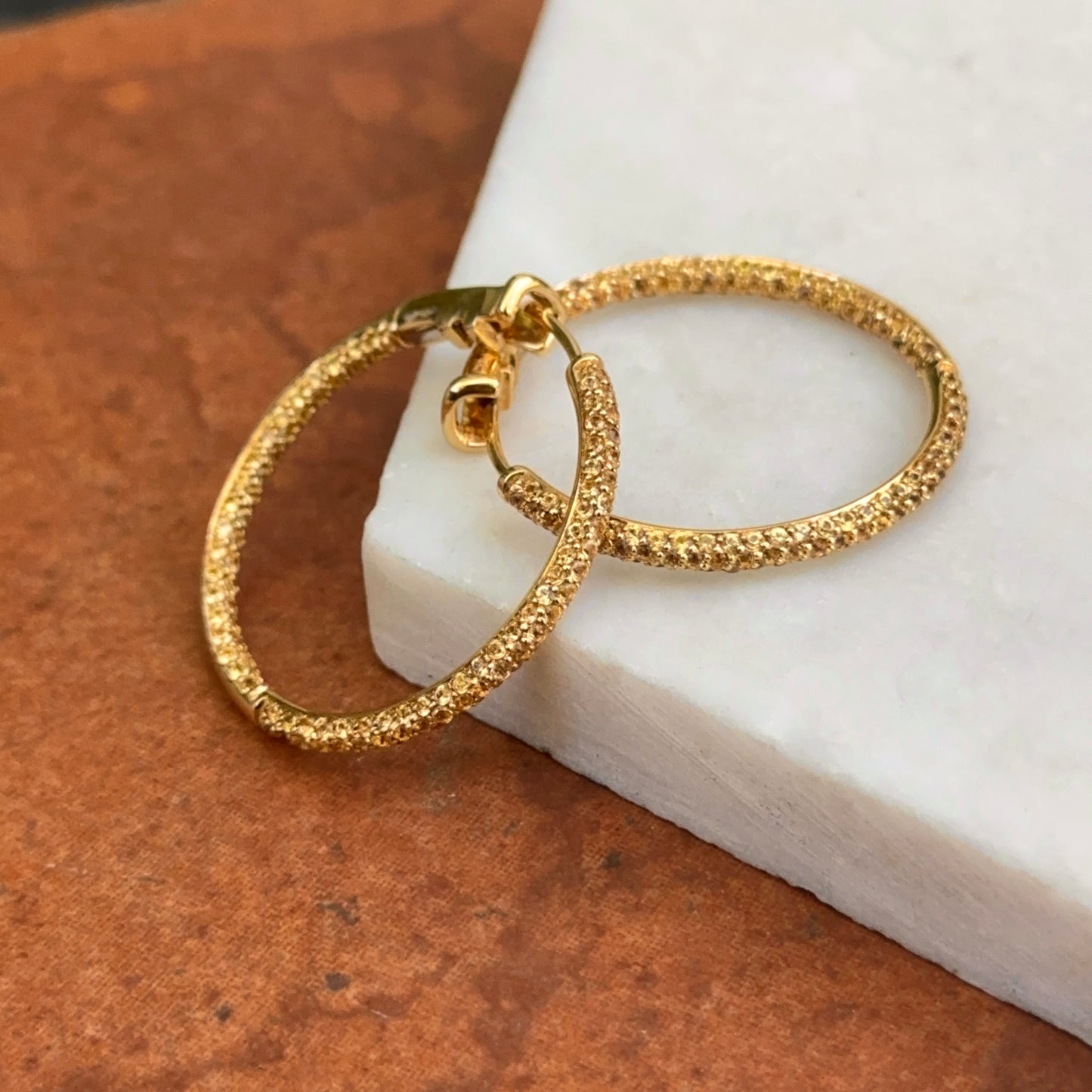 Estate 18KT Yellow Gold Pave Yellow Sapphire Inside Out Hoop Earrings