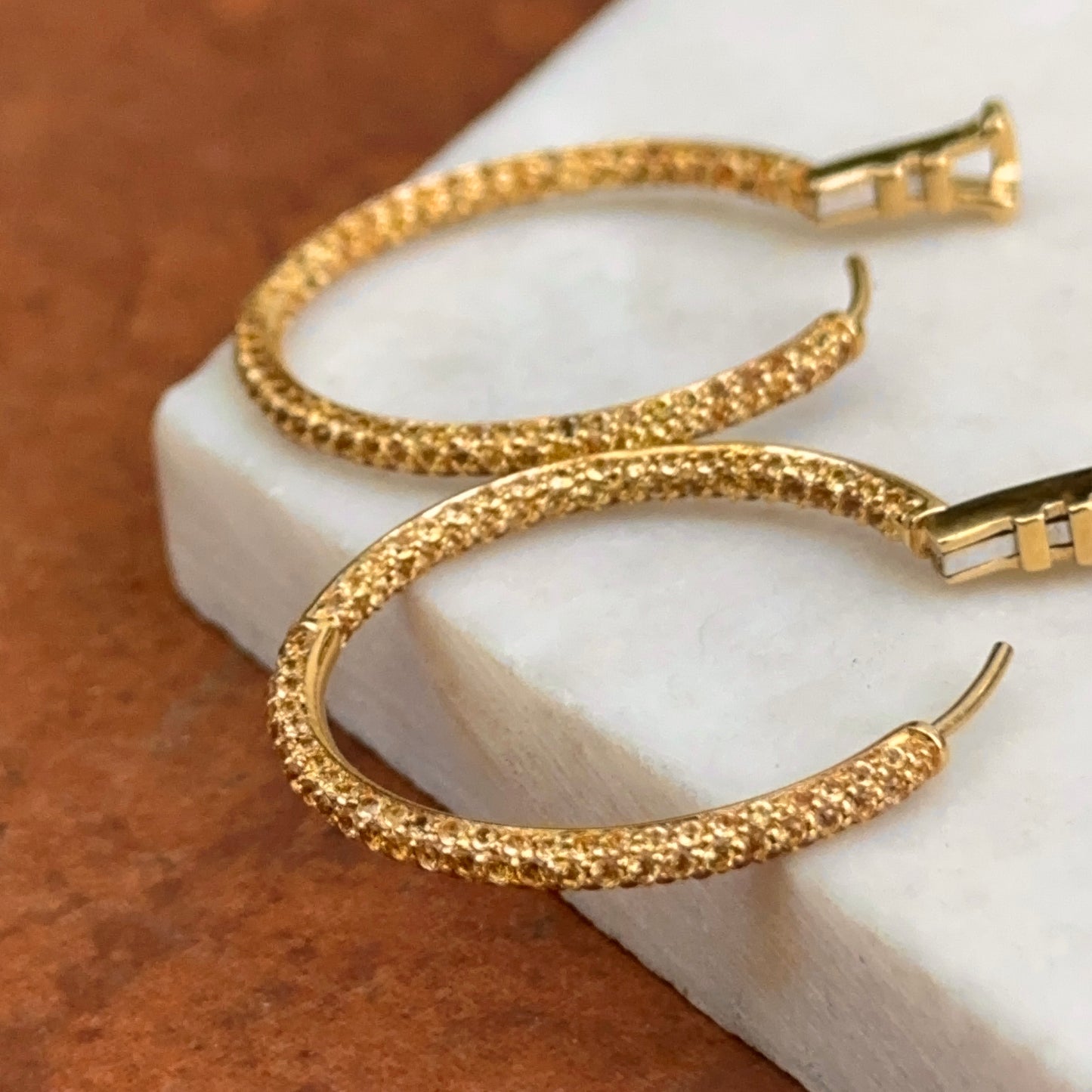 Estate 18KT Yellow Gold Pave Yellow Sapphire Inside Out Hoop Earrings