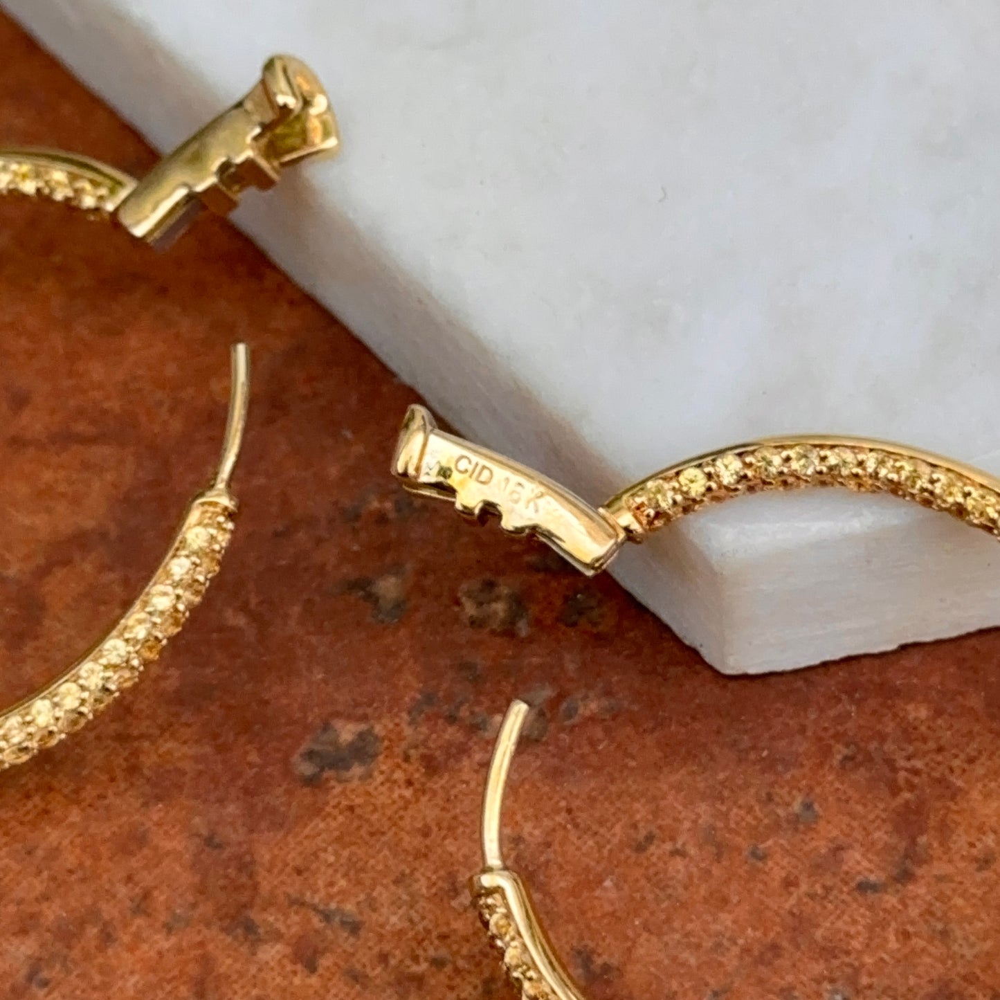 Estate 18KT Yellow Gold Pave Yellow Sapphire Inside Out Hoop Earrings