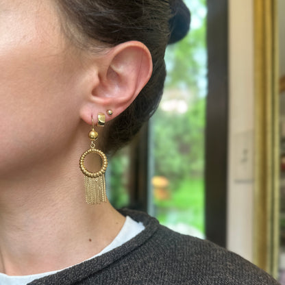 Estate 18KT Corett Designer Yellow Gold Shiny Textured Circle Tassel Dangle Earrings