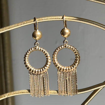 Estate 18KT Corett Designer Yellow Gold Shiny Textured Circle Tassel Dangle Earrings