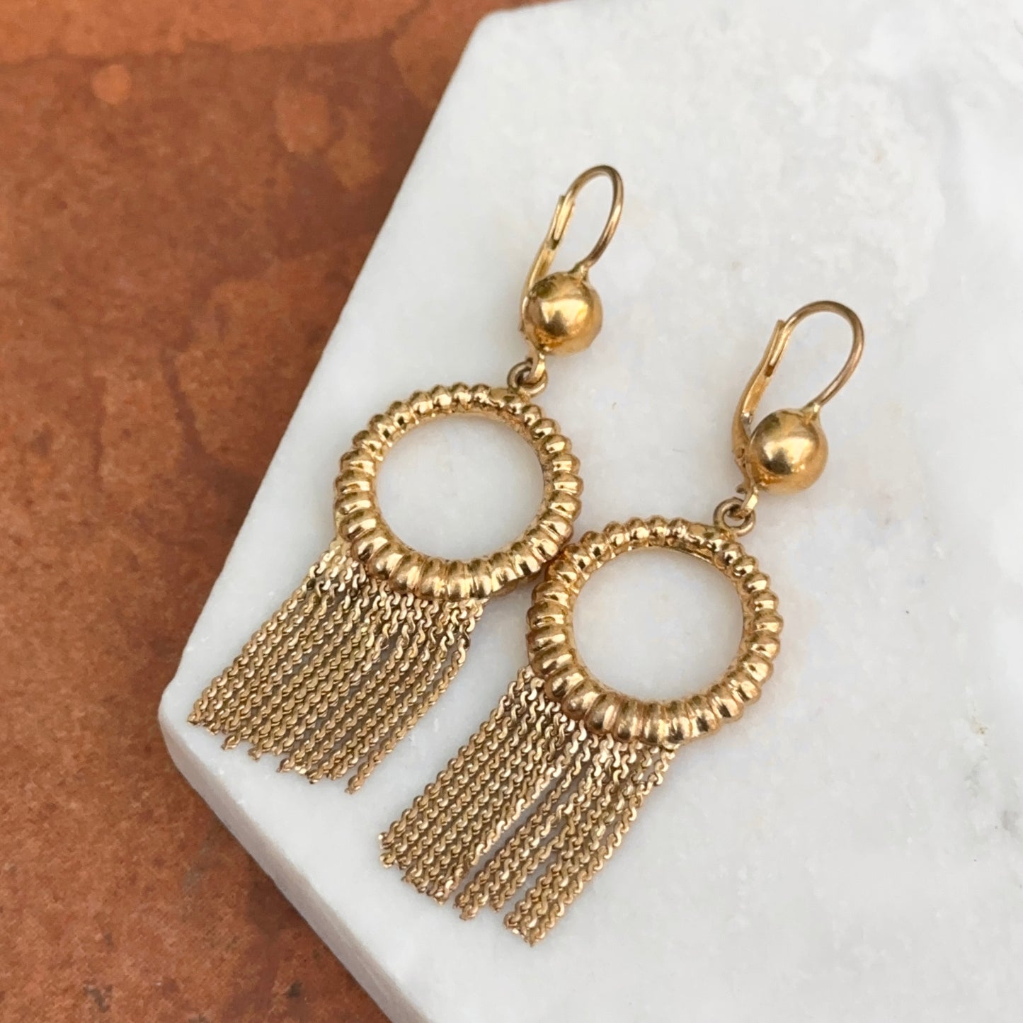 Estate 18KT Corett Designer Yellow Gold Shiny Textured Circle Tassel Dangle Earrings