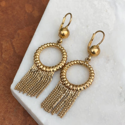 Estate 18KT Corett Designer Yellow Gold Shiny Textured Circle Tassel Dangle Earrings