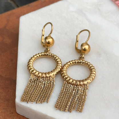 Estate 18KT Corett Designer Yellow Gold Shiny Textured Circle Tassel Dangle Earrings