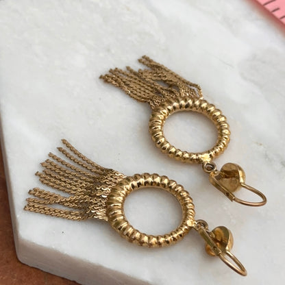 Estate 18KT Corett Designer Yellow Gold Shiny Textured Circle Tassel Dangle Earrings