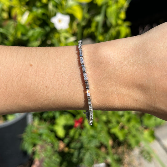 Estate 14KT White Gold Round & Baguette Diamond Basket Set Bracelet