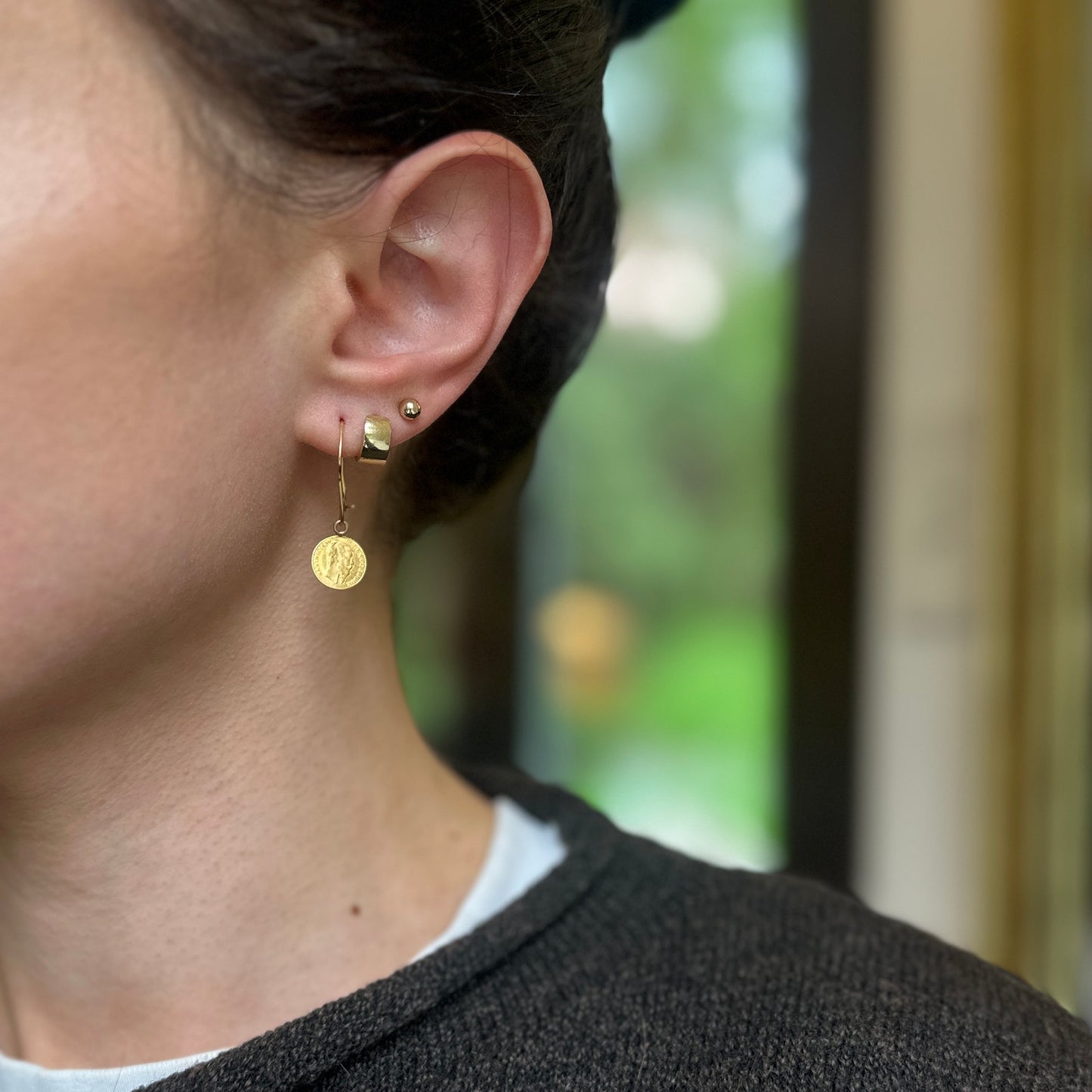 Estate 14KT Yellow Gold Matte Finish Mexican Coin Replica Dangle Earrings