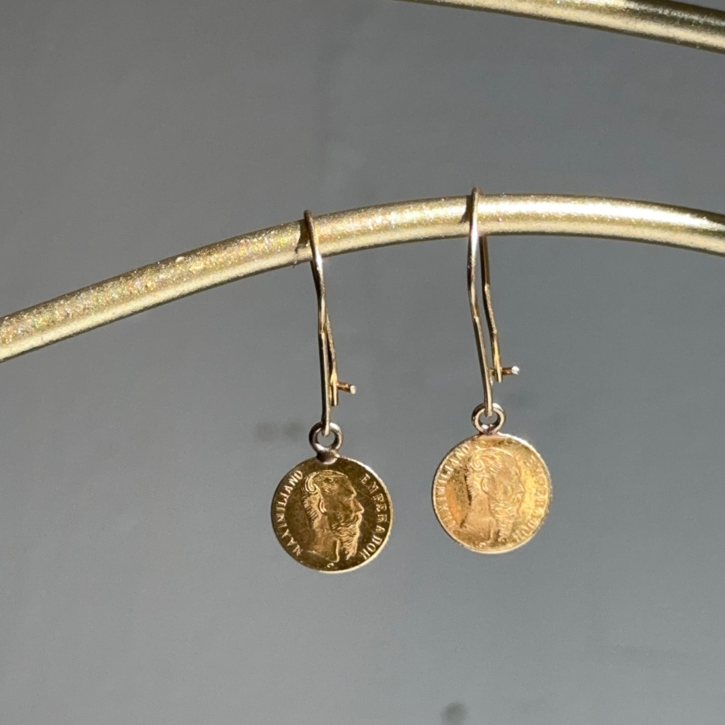 Estate 14KT Yellow Gold Matte Finish Mexican Coin Replica Dangle Earrings