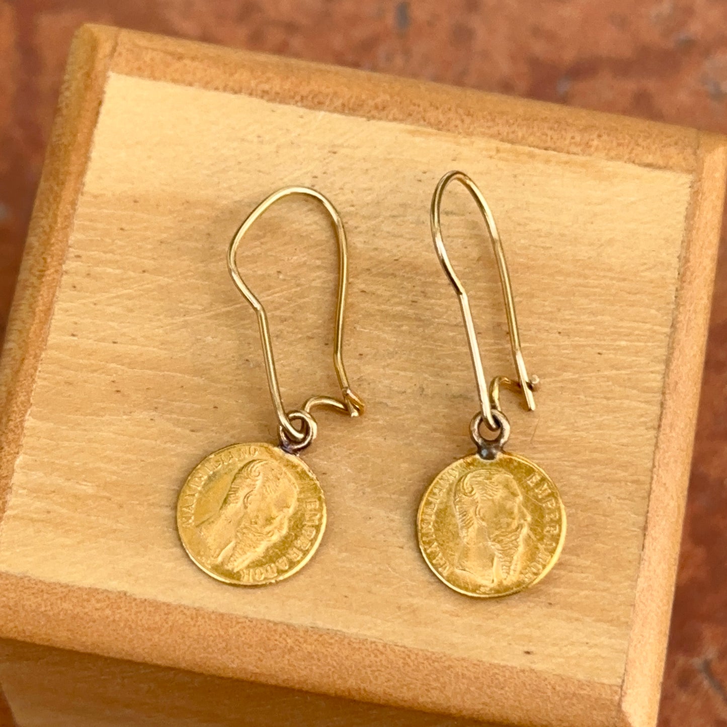 Estate 14KT Yellow Gold Matte Finish Mexican Coin Replica Dangle Earrings