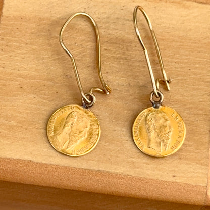 Estate 14KT Yellow Gold Matte Finish Mexican Coin Replica Dangle Earrings