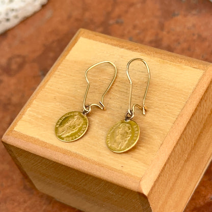 Estate 14KT Yellow Gold Matte Finish Mexican Coin Replica Dangle Earrings