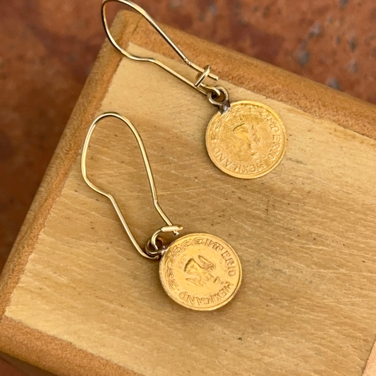 Estate 14KT Yellow Gold Matte Finish Mexican Coin Replica Dangle Earrings