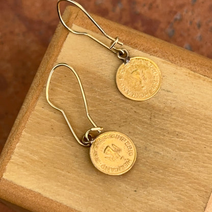 Estate 14KT Yellow Gold Matte Finish Mexican Coin Replica Dangle Earrings