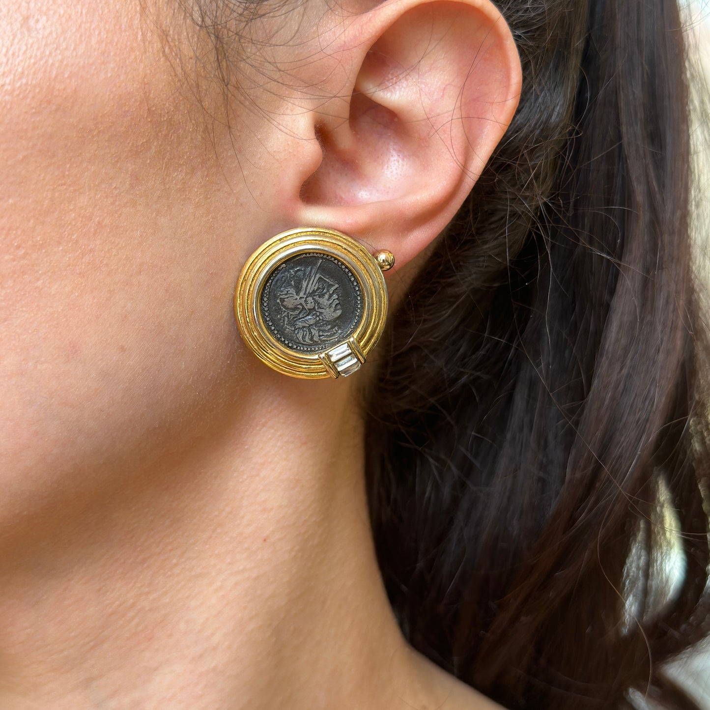 Estate Gold-Tone Bezel Replica Ancient Roman Coin Clip-On Earrings