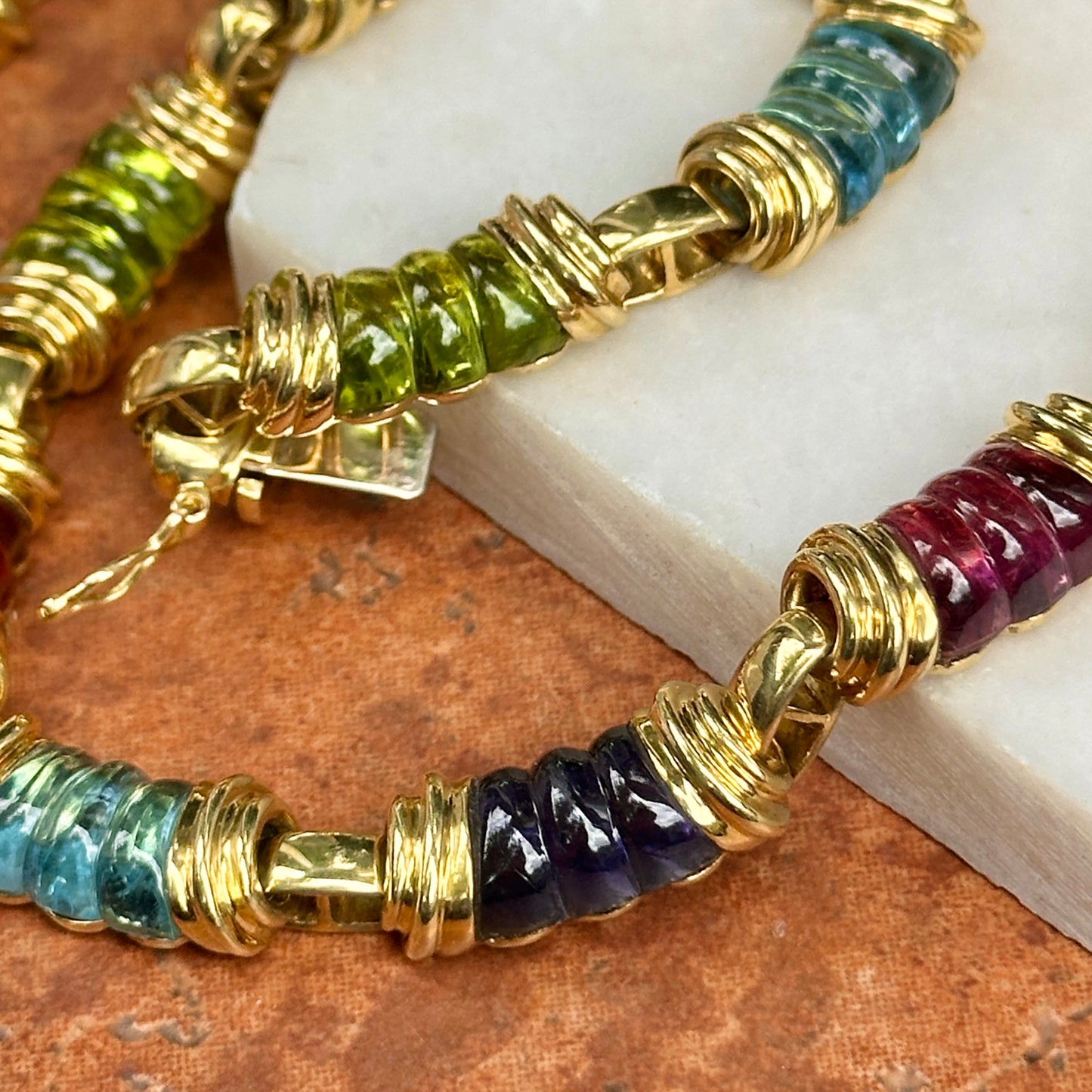 Estate 18KT Yellow Gold Multi-Gemstone Heavy Link Collar Necklace