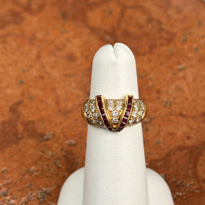 Estate 18KT Yellow Gold Channel-Set Princess-Cut Ruby + Pave Diamond Ring