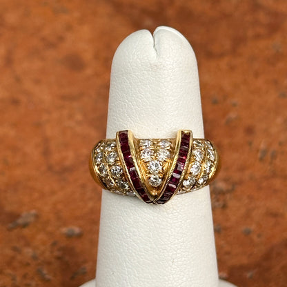 Estate 18KT Yellow Gold Channel-Set Princess-Cut Ruby + Pave Diamond Ring