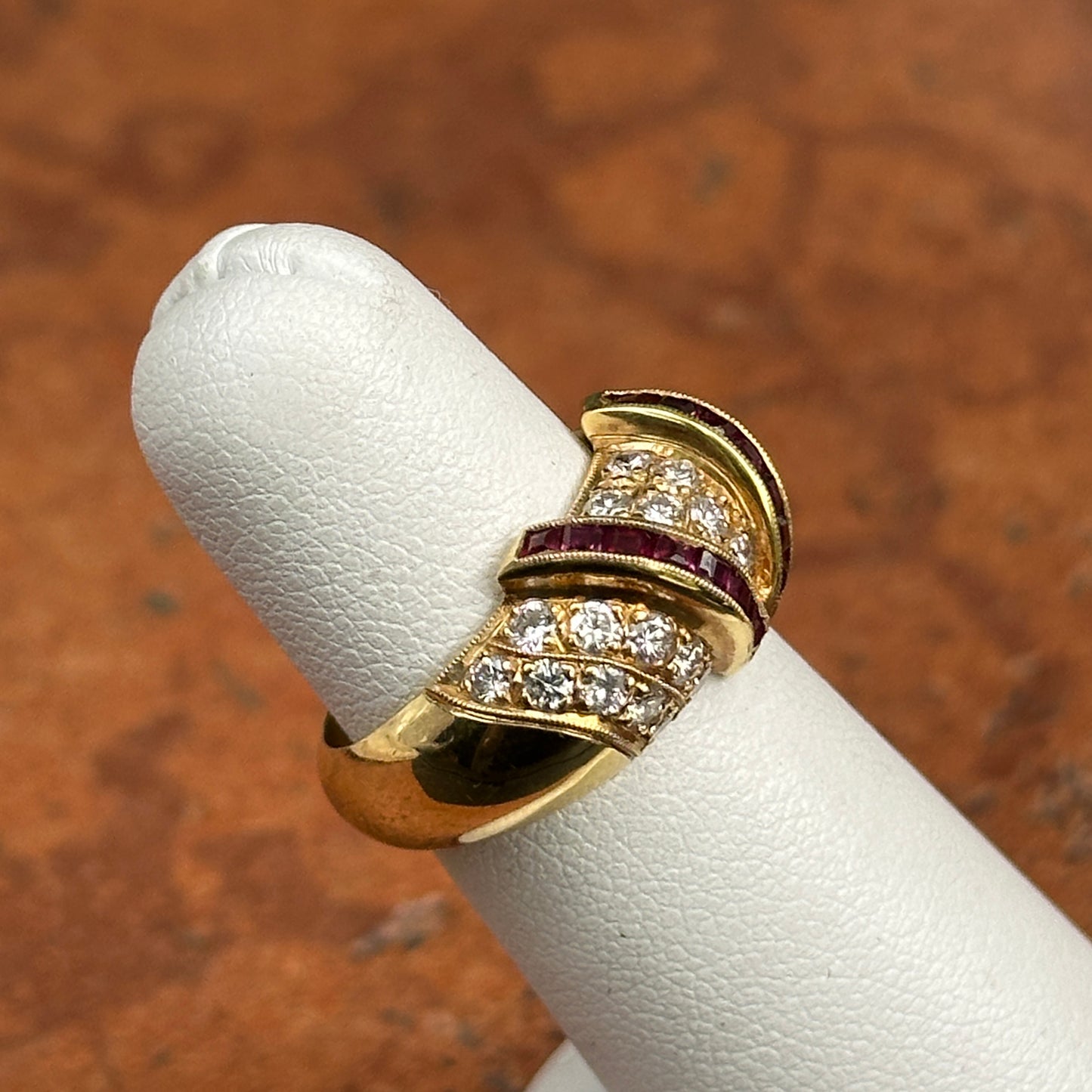 Estate 18KT Yellow Gold Channel-Set Princess-Cut Ruby + Pave Diamond Ring