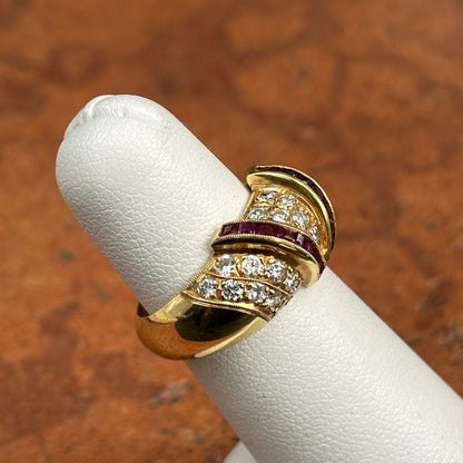 Estate 18KT Yellow Gold Channel-Set Princess-Cut Ruby + Pave Diamond Ring