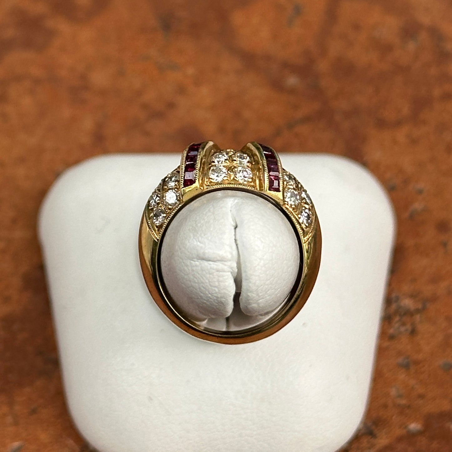 Estate 18KT Yellow Gold Channel-Set Princess-Cut Ruby + Pave Diamond Ring