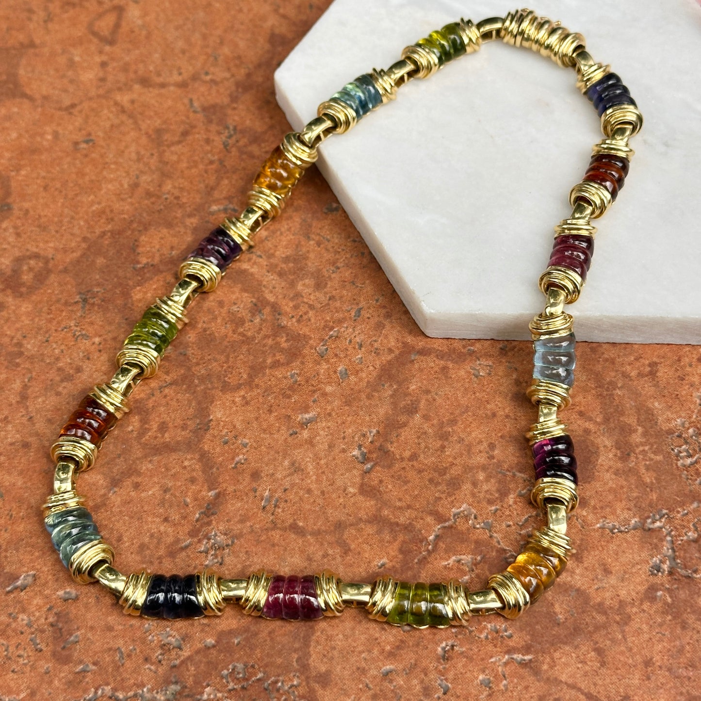 Estate 18KT Yellow Gold Multi-Gemstone Heavy Link Collar Necklace