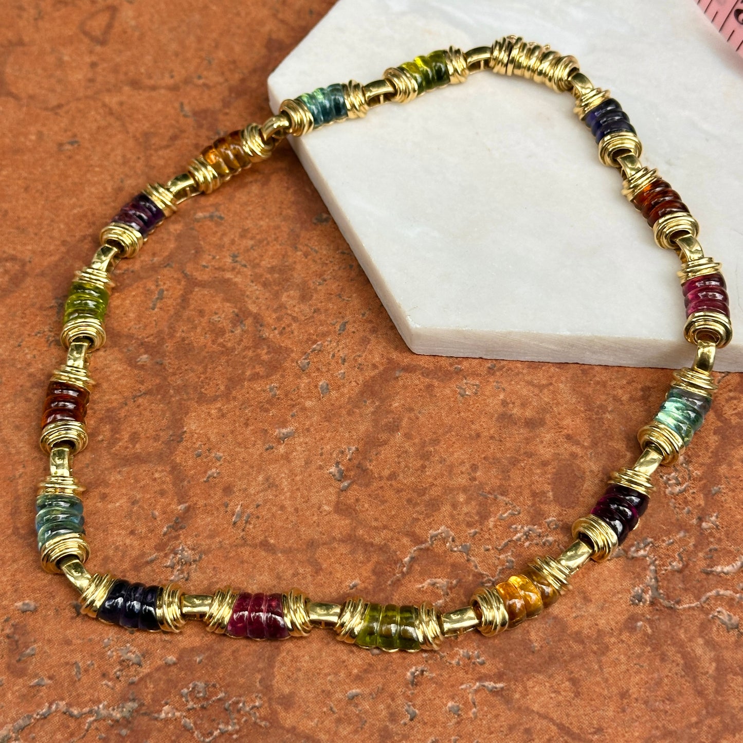 Estate 18KT Yellow Gold Multi-Gemstone Heavy Link Collar Necklace