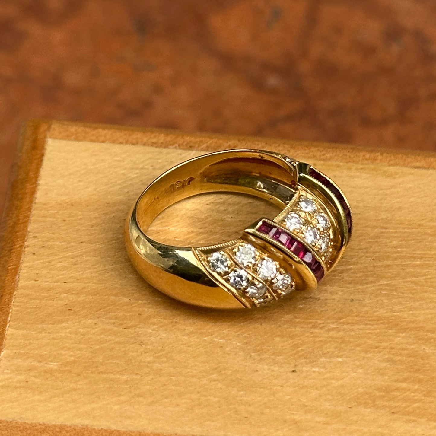 Estate 18KT Yellow Gold Channel-Set Princess-Cut Ruby + Pave Diamond Ring