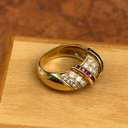 Estate 18KT Yellow Gold Channel-Set Princess-Cut Ruby + Pave Diamond Ring