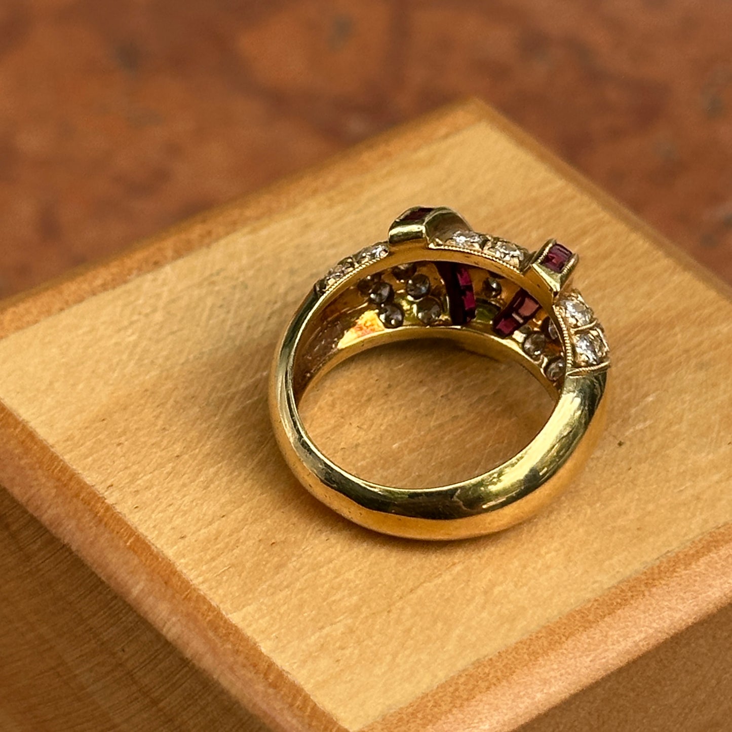 Estate 18KT Yellow Gold Channel-Set Princess-Cut Ruby + Pave Diamond Ring