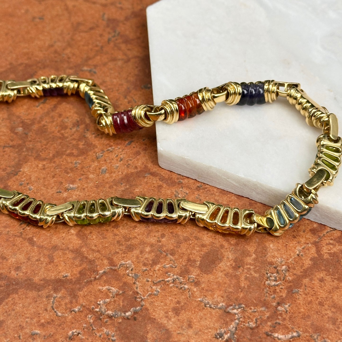 Estate 18KT Yellow Gold Multi-Gemstone Heavy Link Collar Necklace