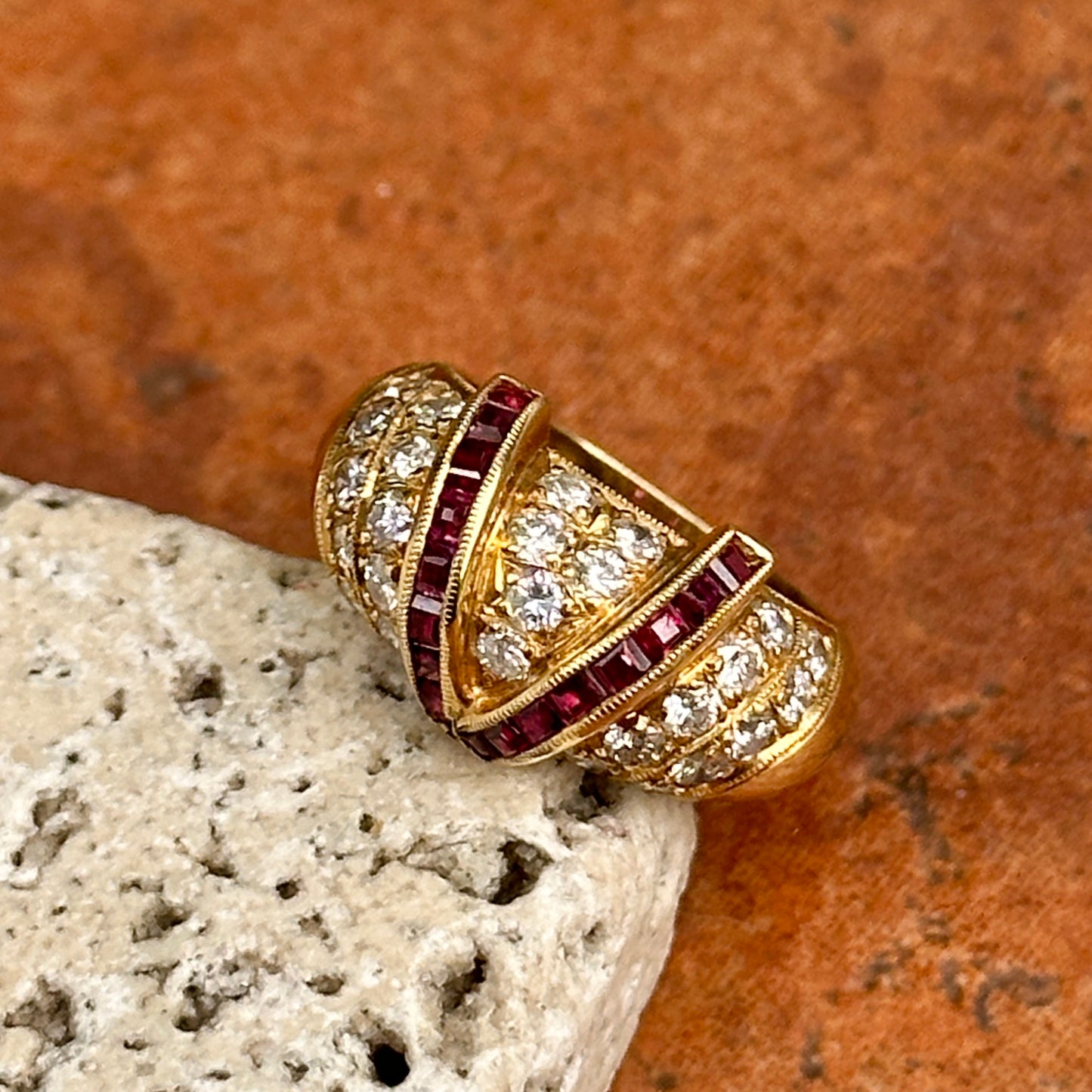 Estate 18KT Yellow Gold Channel-Set Princess-Cut Ruby + Pave Diamond Ring