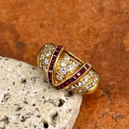 Estate 18KT Yellow Gold Channel-Set Princess-Cut Ruby + Pave Diamond Ring