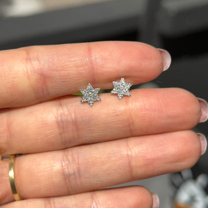 14KT White Gold Pave Diamond Star of David Small Stud Earrings