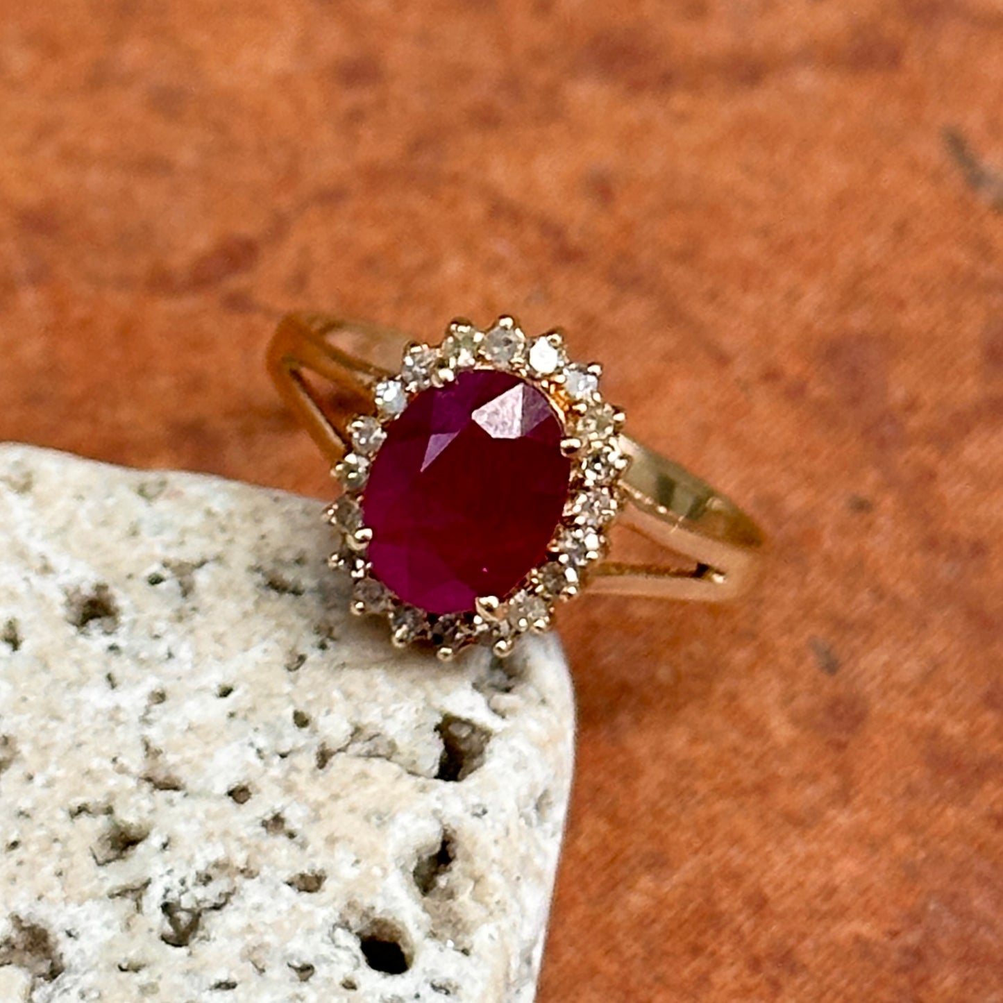 Estate 14KT Yellow Gold Oval 1.2 CT Ruby + Diamond Halo Ring
