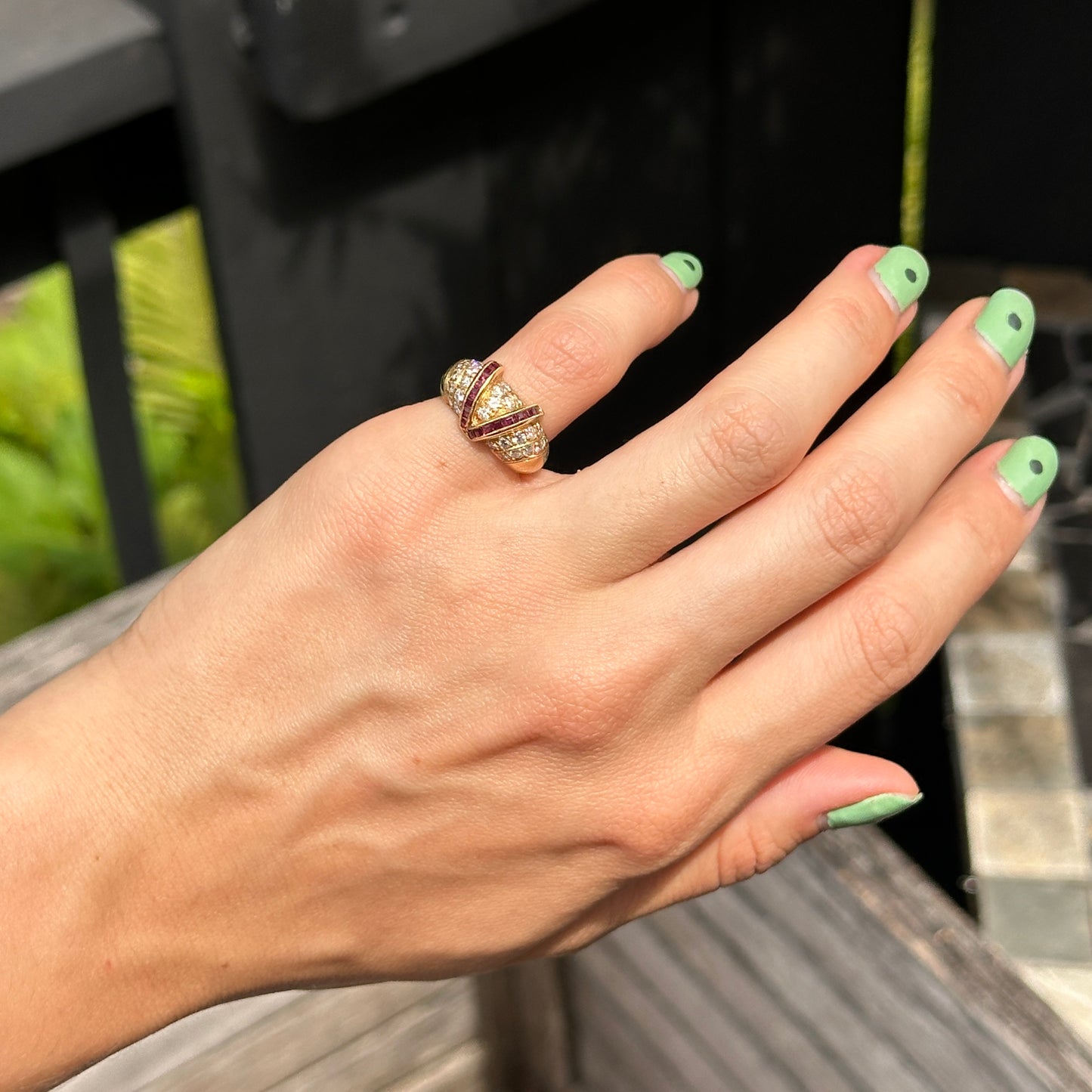 Estate 18KT Yellow Gold Channel-Set Princess-Cut Ruby + Pave Diamond Ring