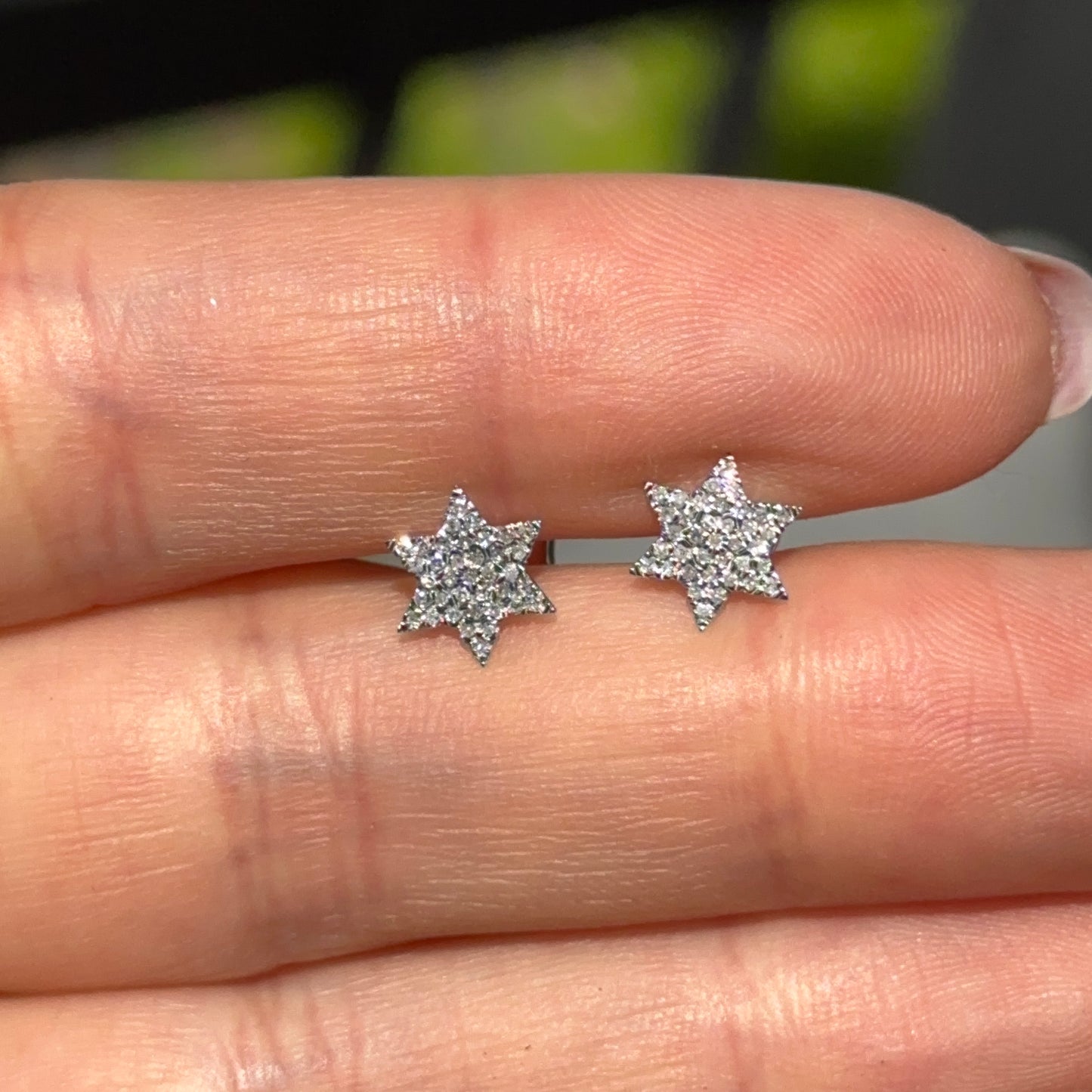 14KT White Gold Pave Diamond Star of David Small Stud Earrings