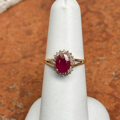Estate 14KT Yellow Gold Oval 1.2 CT Ruby + Diamond Halo Ring