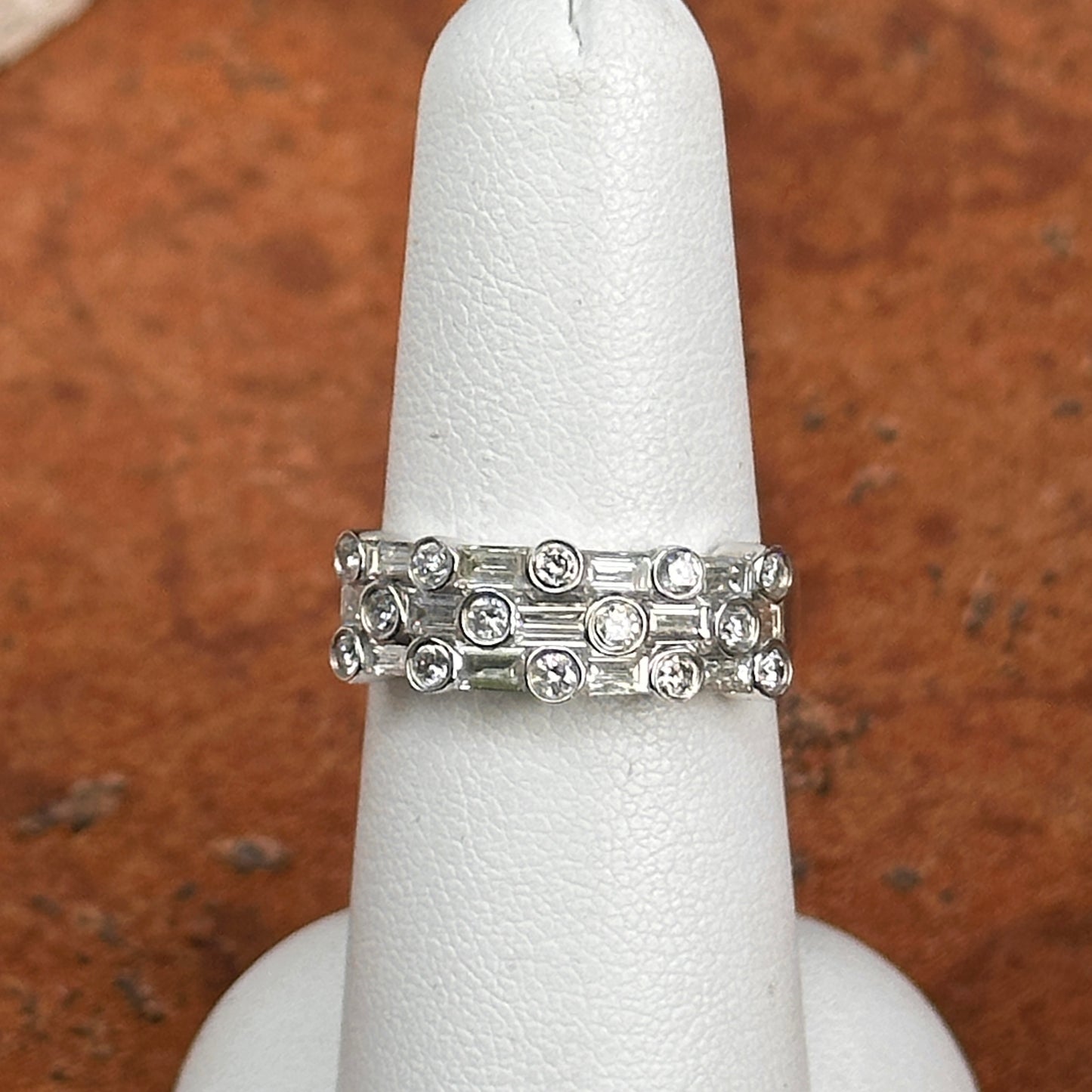 Estate 14KT White Gold Baguette & Round Bezel Set Diamond Band Ring