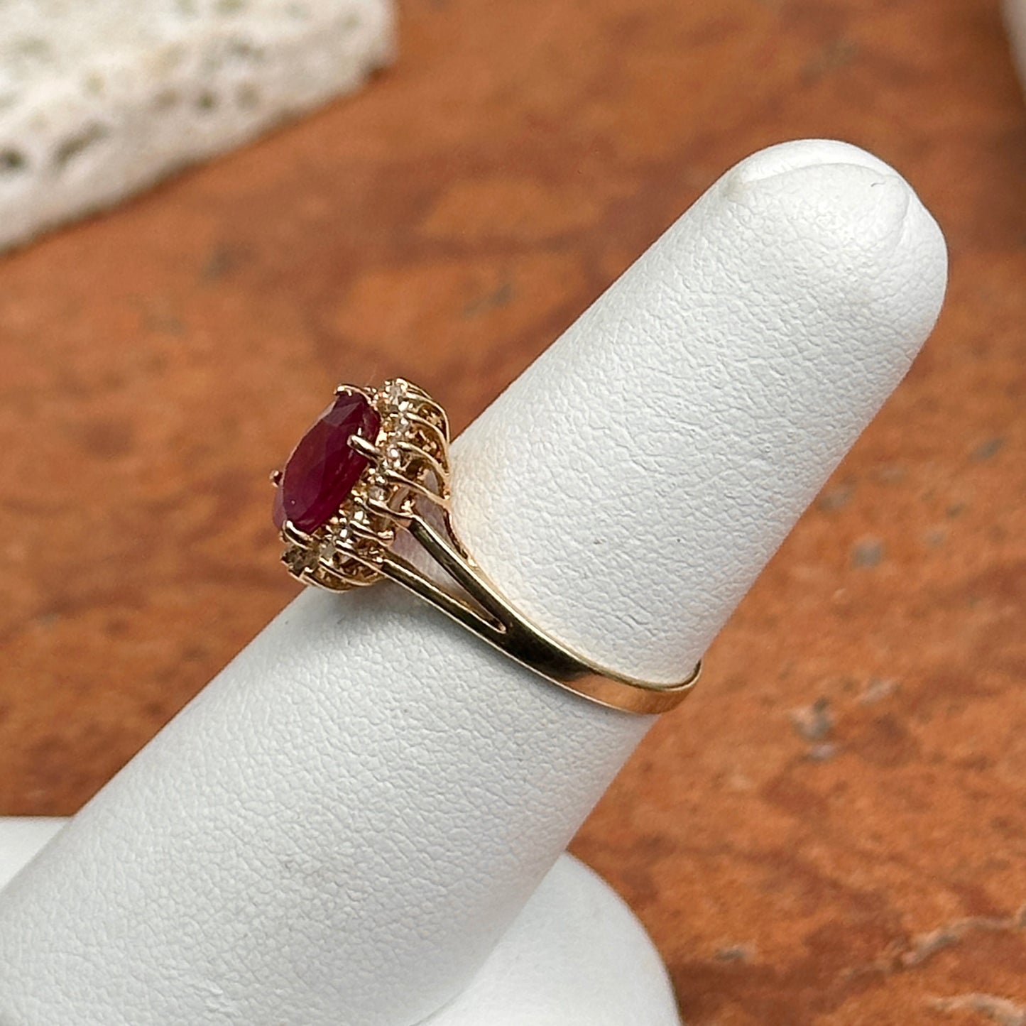 Estate 14KT Yellow Gold Oval 1.2 CT Ruby + Diamond Halo Ring